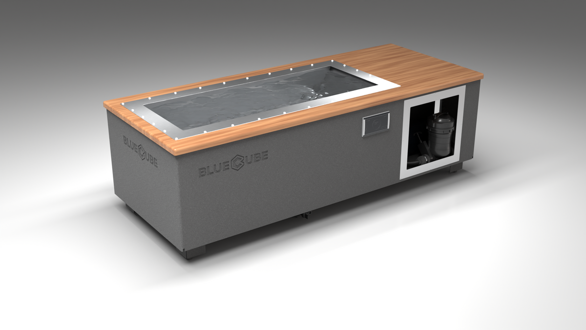 BlueCube C1 cold plunge tub grey with mahogany deck left front view [bc color=grey screen=frame deck=mahogany tub=stainless view=fl]