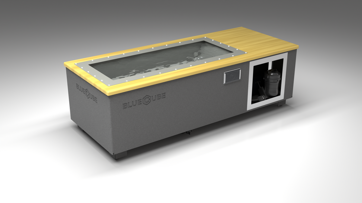 BlueCube C1 cold plunge tub grey with white maple deck with hempcarbon tub left front view [bc color=grey screen=frame deck=white-maple tub=hempcarbon view=fl]