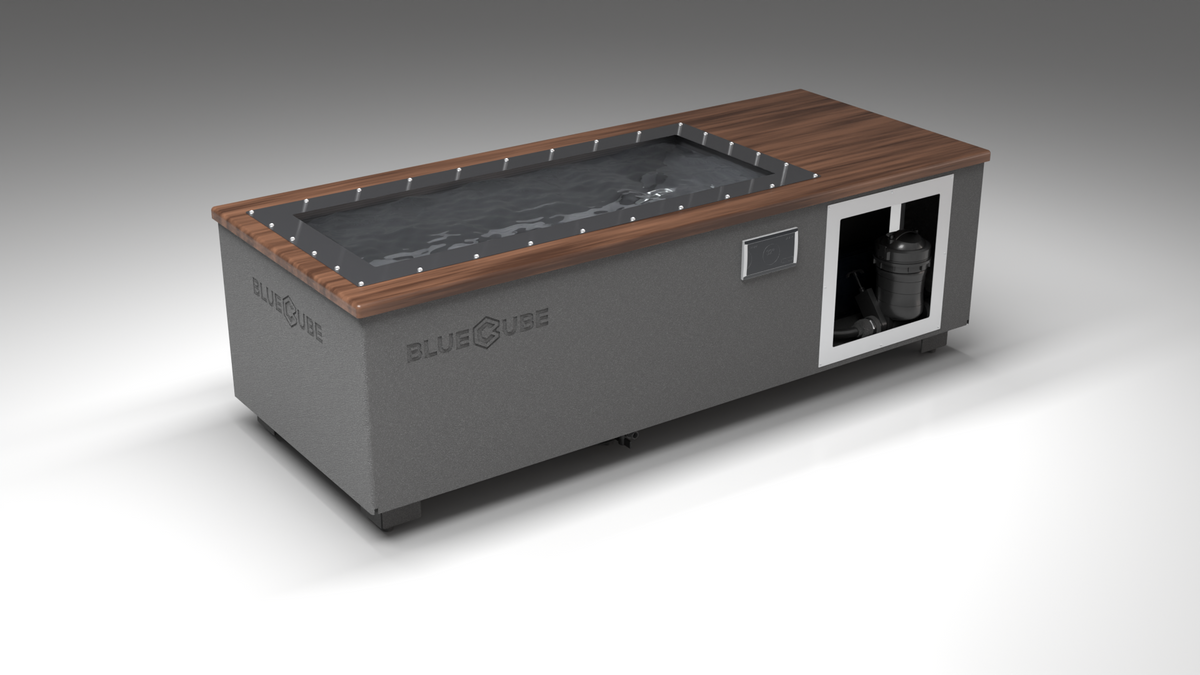 BlueCube C1 cold plunge tub grey with walnut deck with carbon fiber tub left front view [bc color=grey screen=frame deck=walnut tub=carbon-fiber view=fl]