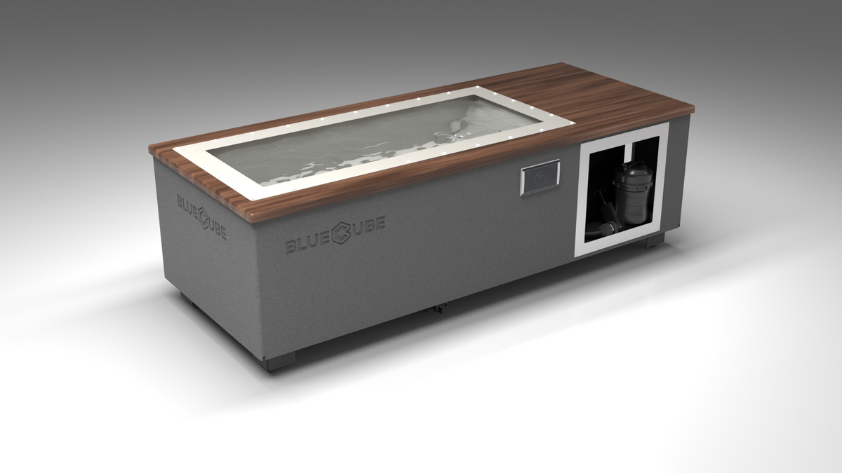 BlueCube C1 cold plunge tub grey with walnut deck with gel coated tub left front view [bc color=grey screen=frame deck=walnut tub=gel-coated view=fl]