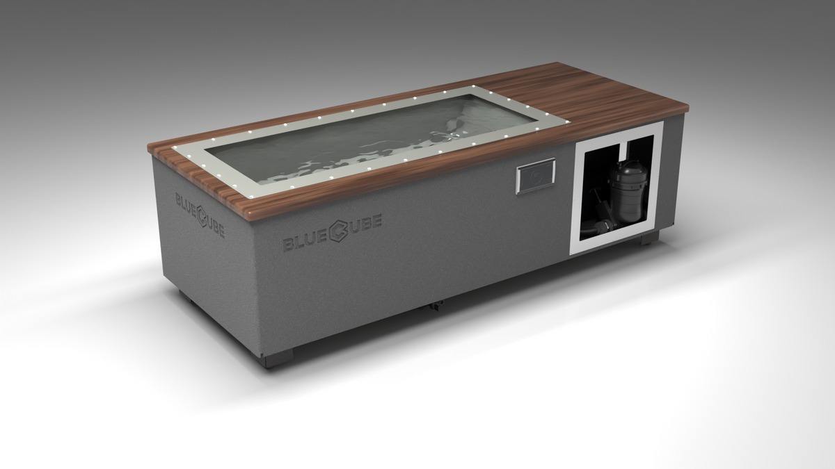 BlueCube C1 cold plunge tub grey with walnut deck with hempcarbon tub left front view [bc color=grey screen=frame deck=walnut tub=hempcarbon view=fl]