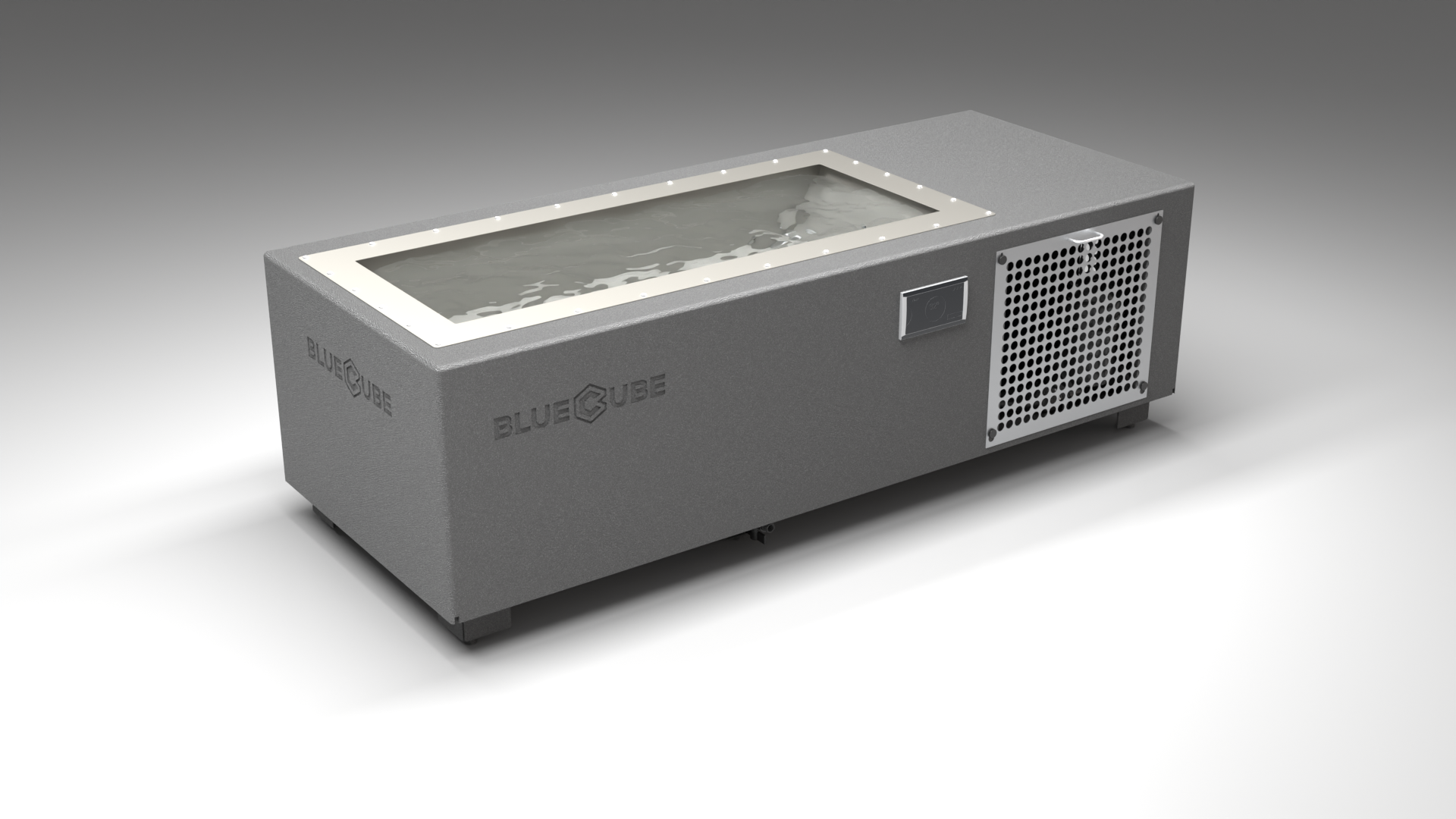 BlueCube C1 cold plunge tub grey with perforated screens with gel coated tub left front view [bc color=grey screen=screen deck=none tub=gel-coated view=fl]