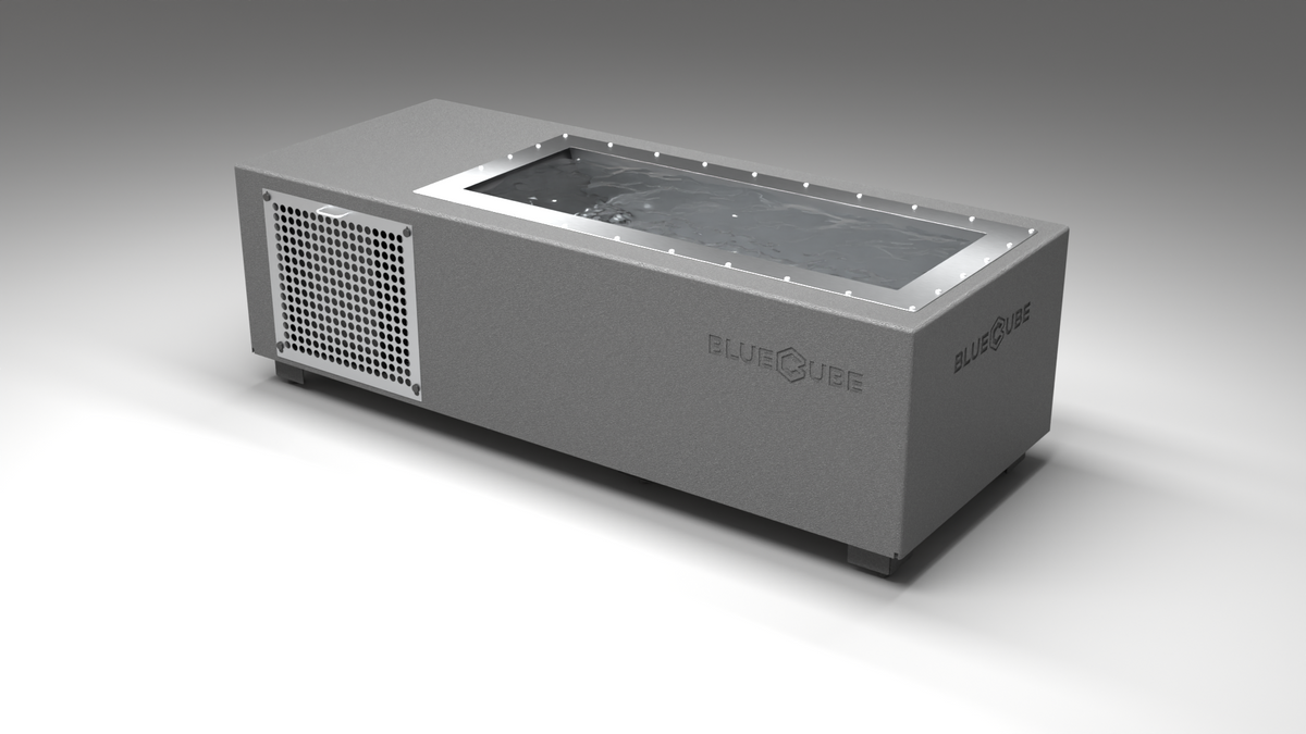 BlueCube C1 cold plunge tub grey with perforated screens left back view [bc color=grey screen=screen deck=none tub=stainless view=bl]