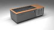 BlueCube C1 cold plunge tub grey with perforated screens with mahogany deck with carbon fiber tub left front view [bc color=grey screen=screen deck=mahogany tub=carbon-fiber view=fl]