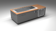 BlueCube C1 cold plunge tub grey with perforated screens with mahogany deck left front view [bc color=grey screen=screen deck=mahogany tub=stainless view=fl]