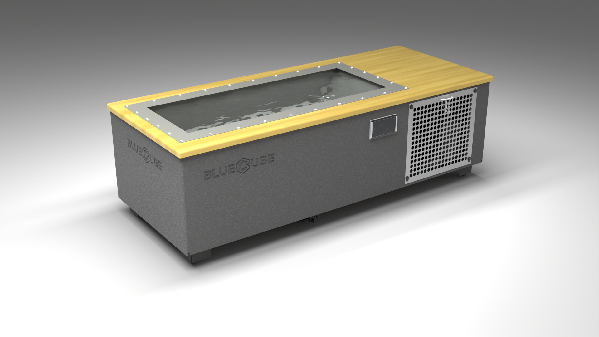 BlueCube C1 cold plunge tub grey with perforated screens with white maple deck with hempcarbon tub left front view [bc color=grey screen=screen deck=white-maple tub=hempcarbon view=fl]