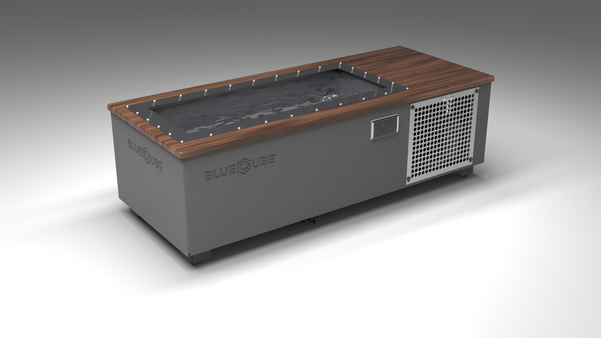 BlueCube C1 cold plunge tub grey with perforated screens with walnut deck with carbon fiber tub left front view [bc color=grey screen=screen deck=walnut tub=carbon-fiber view=fl]