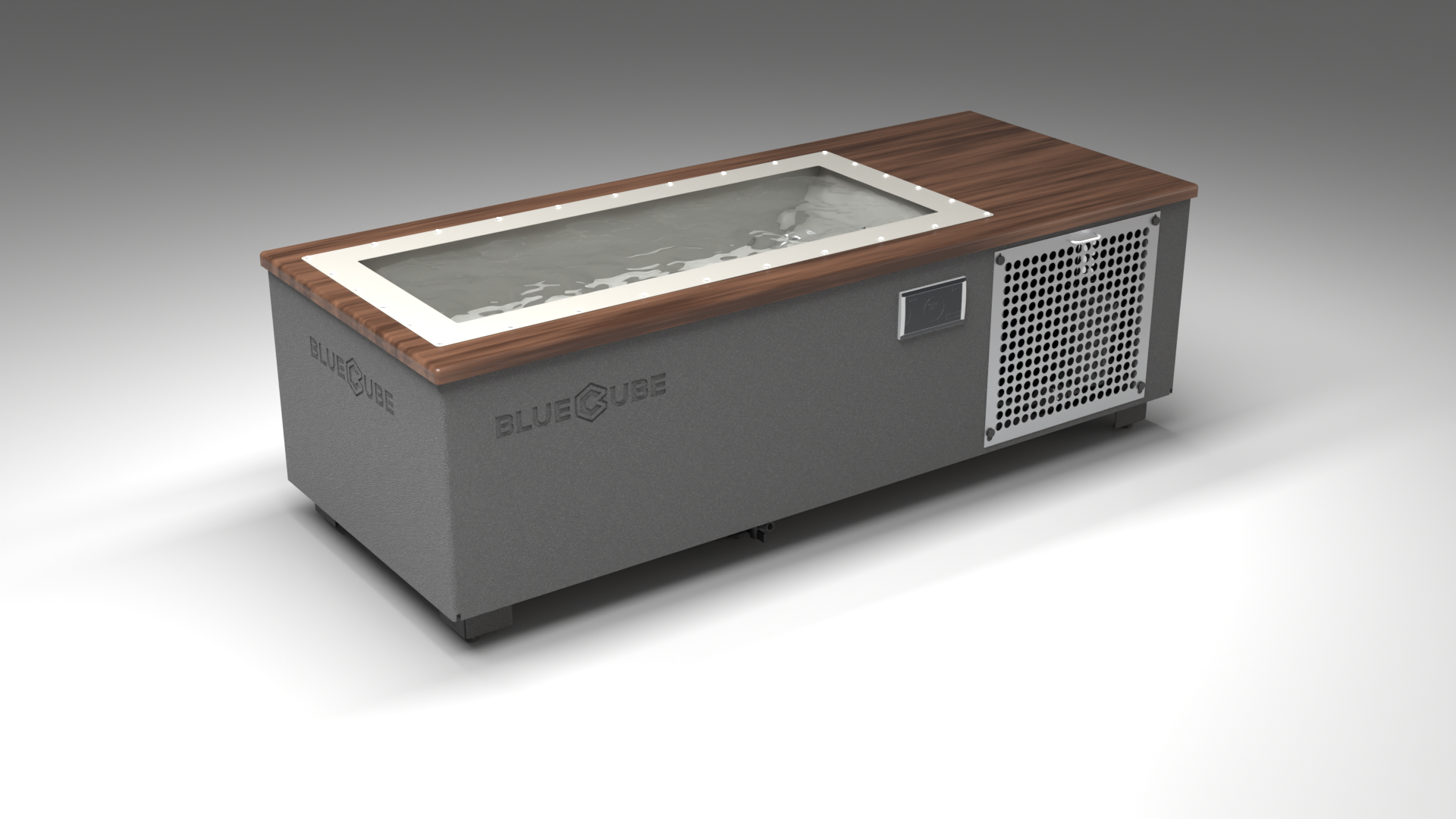 BlueCube C1 cold plunge tub grey with perforated screens with walnut deck with gel coated tub left front view [bc color=grey screen=screen deck=walnut tub=gel-coated view=fl]