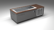 BlueCube C1 cold plunge tub grey with perforated screens with walnut deck left front view [bc color=grey screen=screen deck=walnut tub=stainless view=fl]