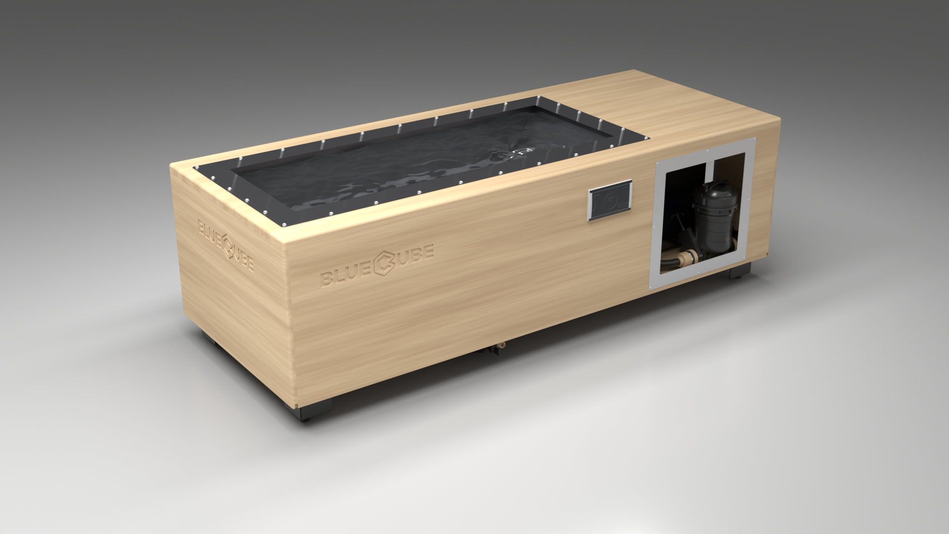 BlueCube C1 cold plunge tub uncladded with carbon fiber tub left front view [bc color=uncladded screen=frame deck=none tub=carbon-fiber view=fl]