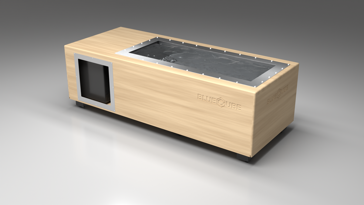 BlueCube C1 cold plunge tub uncladded left back view [bc color=uncladded screen=frame deck=none tub=stainless view=bl]
