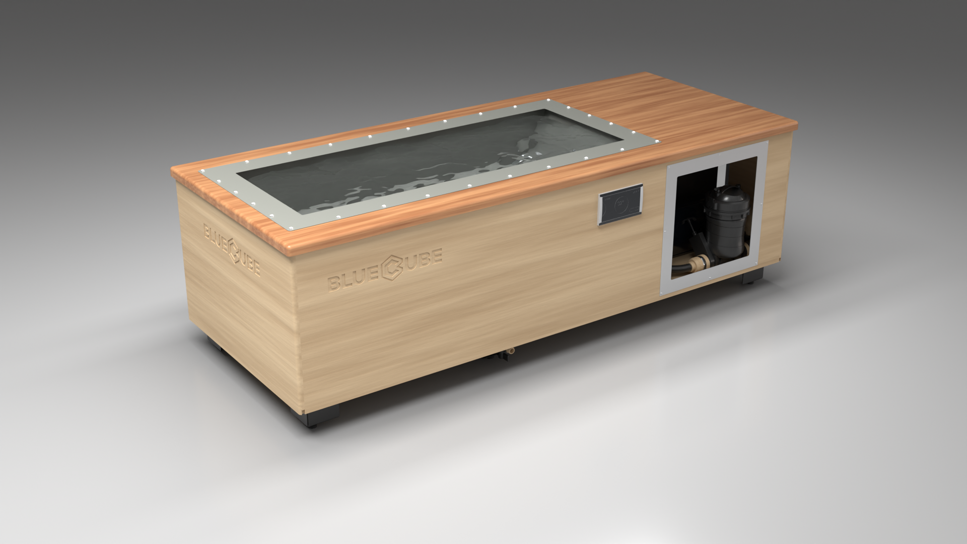 BlueCube C1 cold plunge tub uncladded with mahogany deck with hempcarbon tub left front view [bc color=uncladded screen=frame deck=mahogany tub=hempcarbon view=fl]
