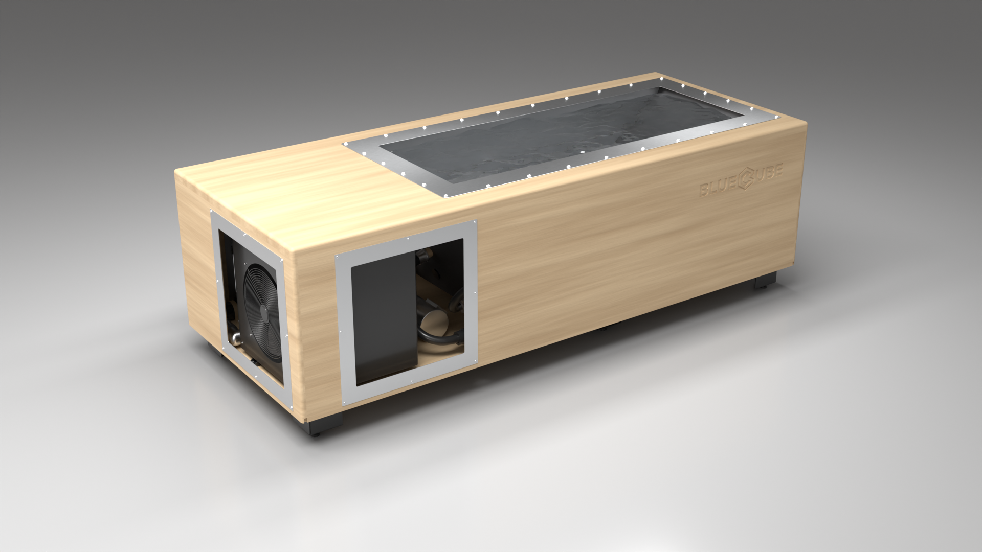 BlueCube C1 cold plunge tub uncladded right back view [bc color=uncladded screen=frame deck=none tub=stainless view=br]
