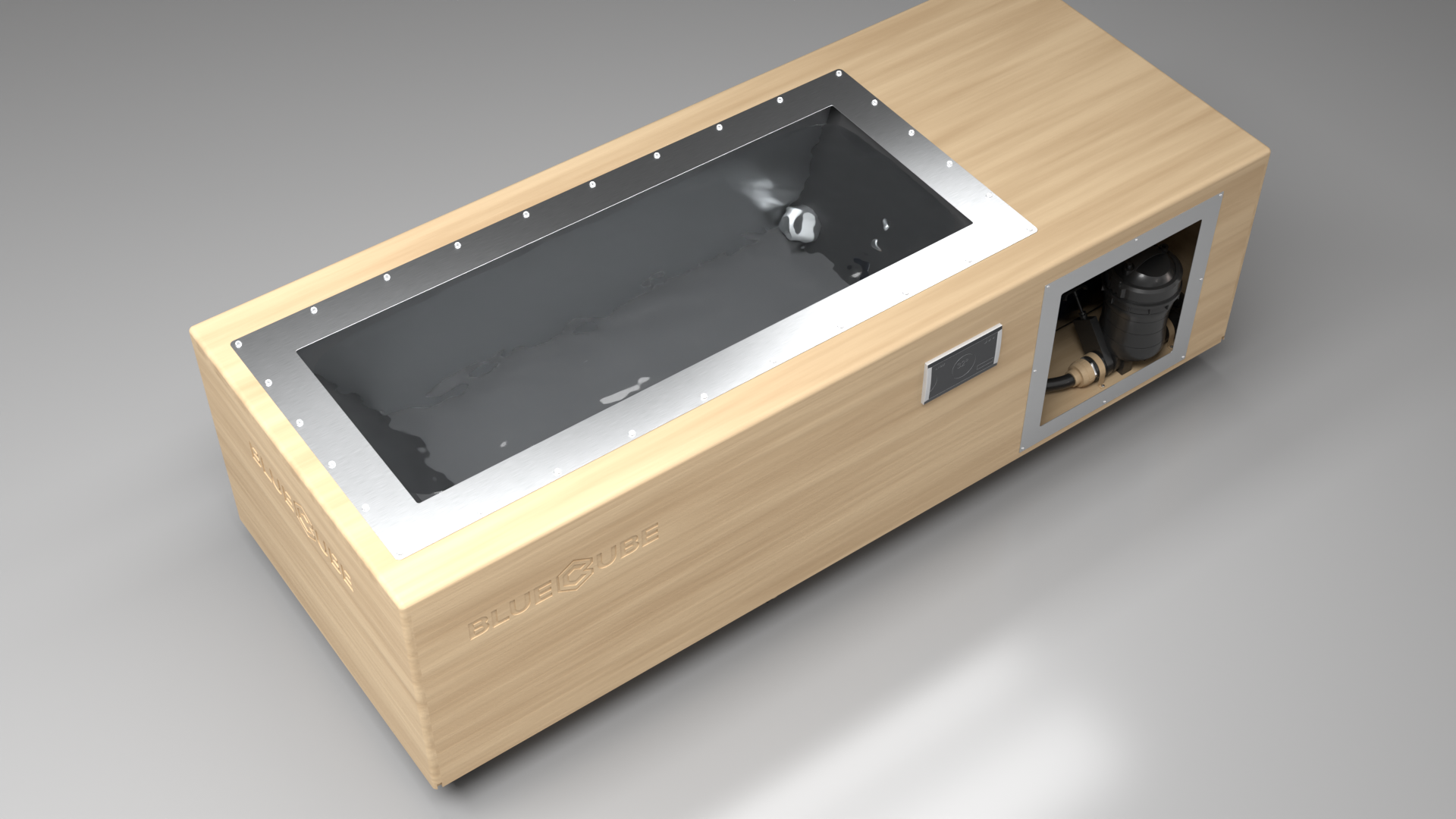 BlueCube C1 cold plunge tub uncladded top down view [bc color=uncladded screen=frame deck=none tub=stainless view=top]
