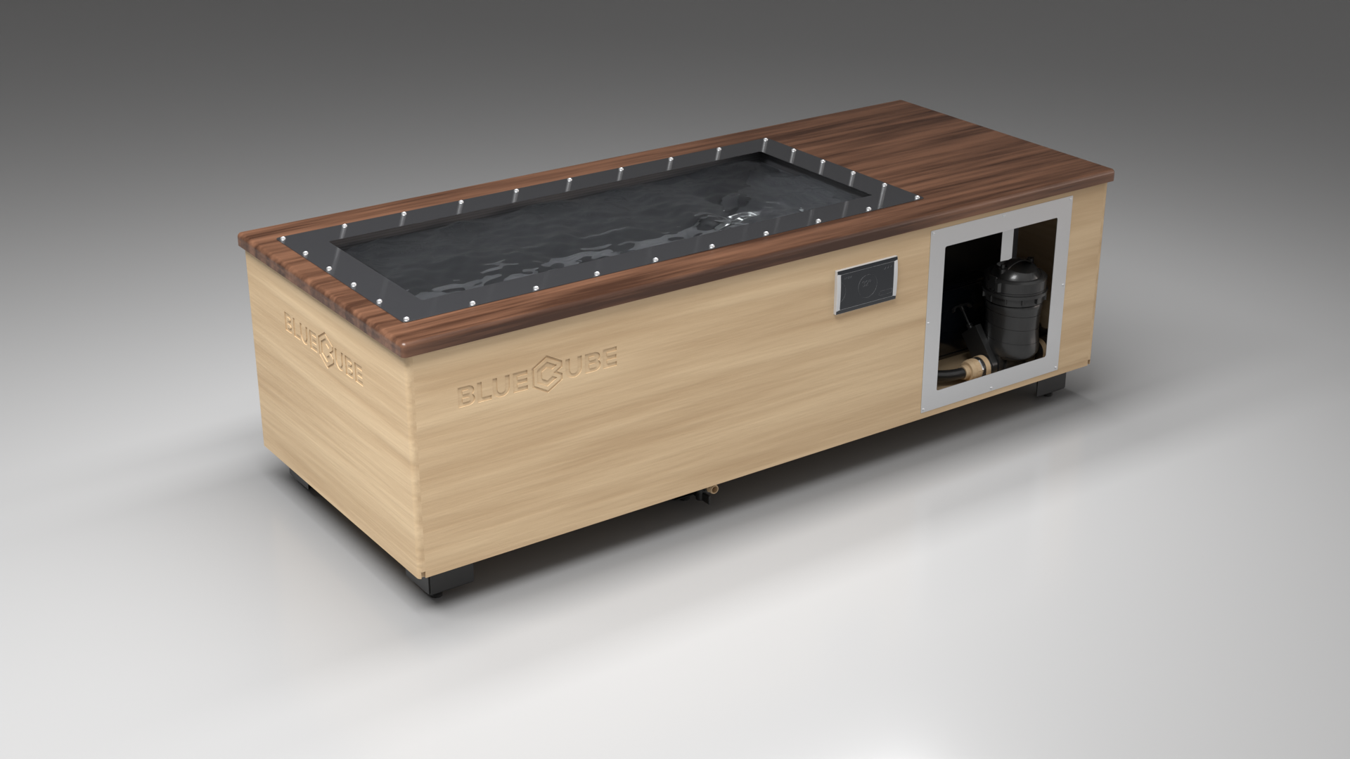 BlueCube C1 cold plunge tub uncladded with walnut deck with carbon fiber tub left front view [bc color=uncladded screen=frame deck=walnut tub=carbon-fiber view=fl]