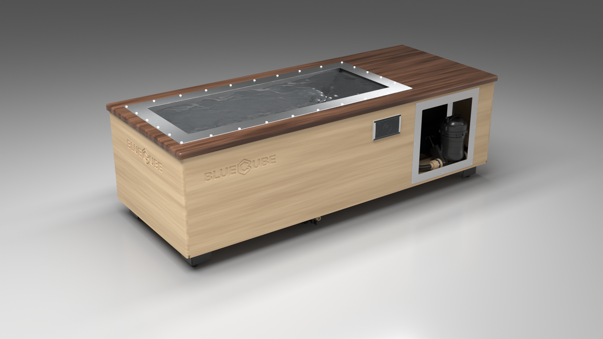 BlueCube C1 cold plunge tub uncladded with walnut deck left front view [bc color=uncladded screen=frame deck=walnut tub=stainless view=fl]