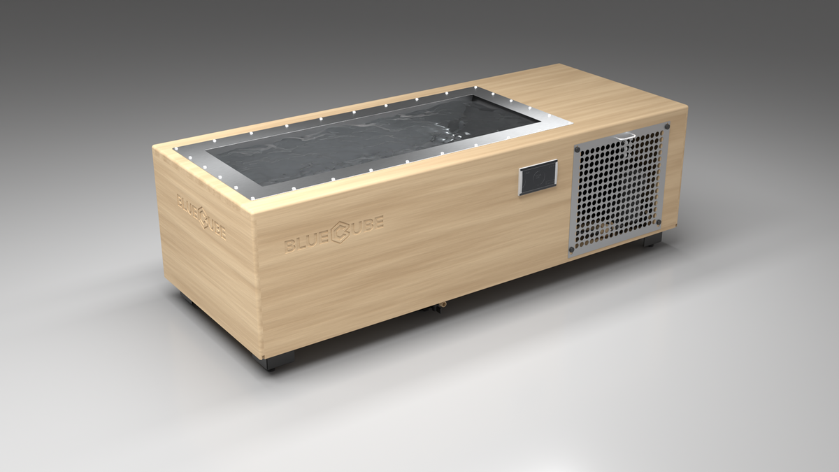 BlueCube C1 cold plunge tub uncladded with perforated screens left front view [bc color=uncladded screen=screen deck=none tub=stainless view=fl]