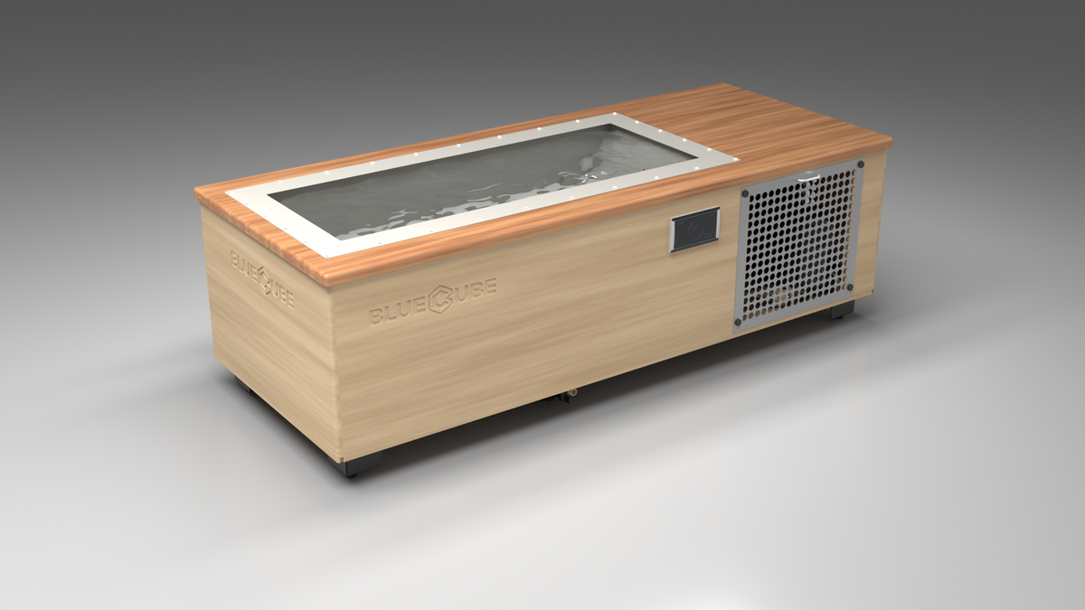 BlueCube C1 cold plunge tub uncladded with perforated screens with mahogany deck with gel coated tub left front view [bc color=uncladded screen=screen deck=mahogany tub=gel-coated view=fl]