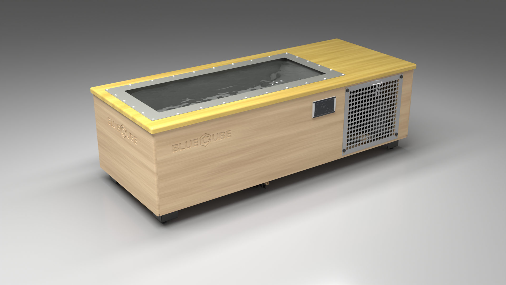 BlueCube C1 cold plunge tub uncladded with perforated screens with white maple deck with hempcarbon tub left front view [bc color=uncladded screen=screen deck=white-maple tub=hempcarbon view=fl]