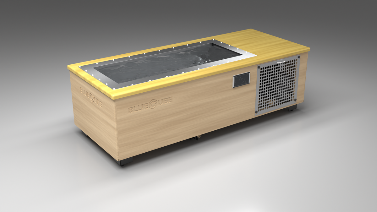 BlueCube C1 cold plunge tub uncladded with perforated screens with white maple deck left front view [bc color=uncladded screen=screen deck=white-maple tub=stainless view=fl]