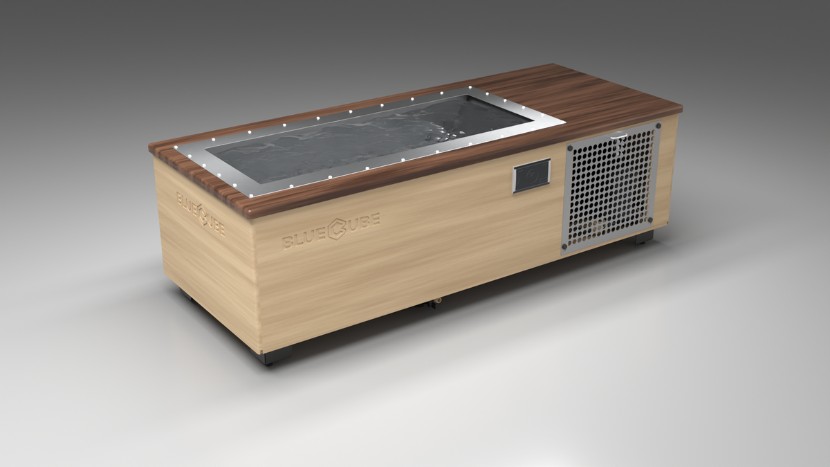 BlueCube C1 cold plunge tub uncladded with perforated screens with walnut deck left front view [bc color=uncladded screen=screen deck=walnut tub=stainless view=fl]