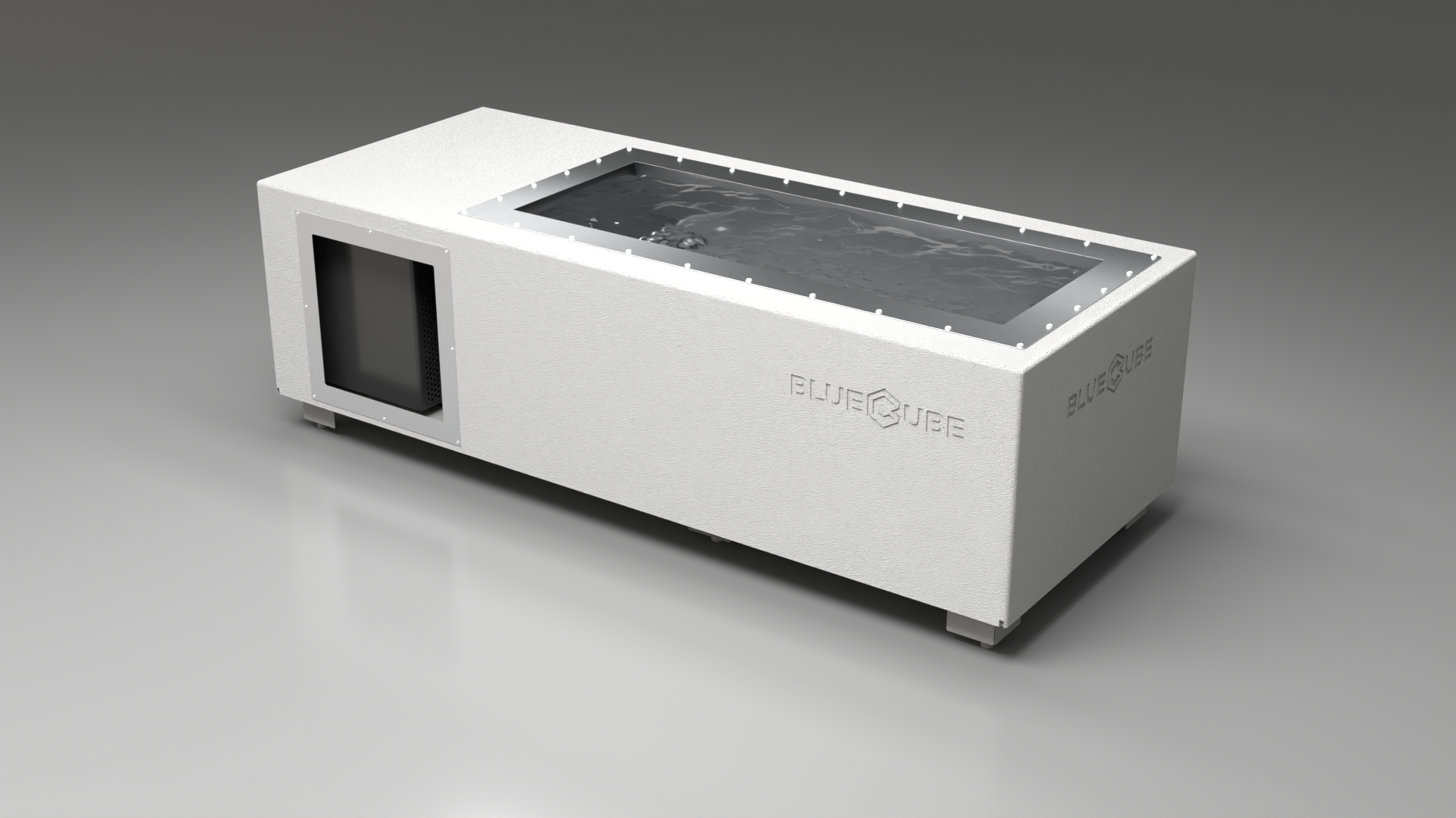 BlueCube C1 cold plunge tub white left back view [bc color=white screen=frame deck=none tub=stainless view=bl]