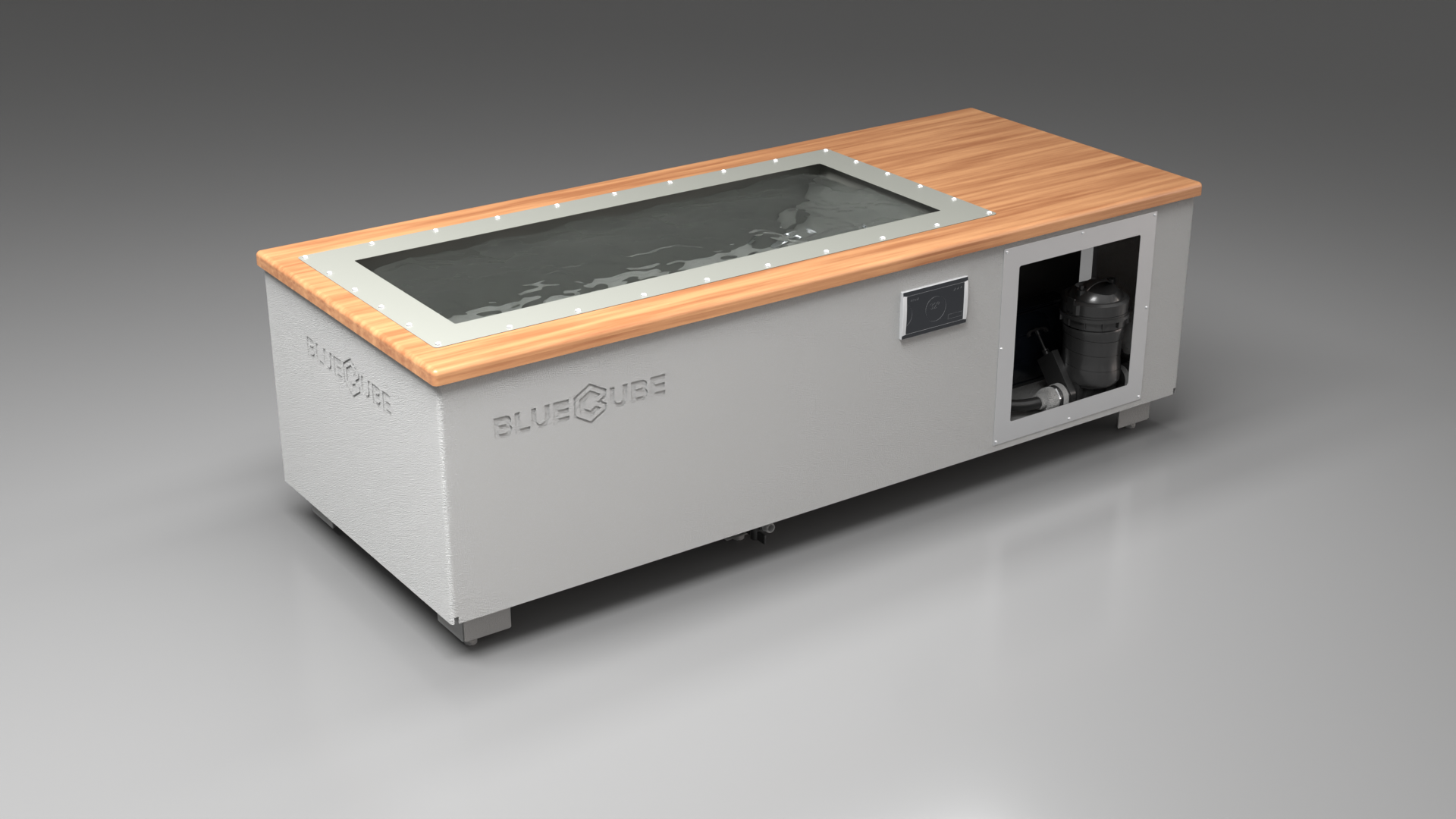 BlueCube C1 cold plunge tub white with mahogany deck with hempcarbon tub left front view [bc color=white screen=frame deck=mahogany tub=hempcarbon view=fl]