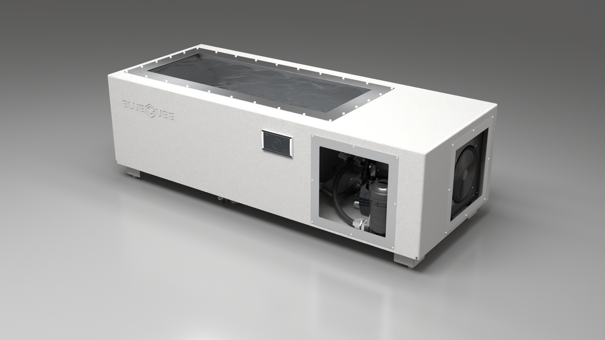 BlueCube C1 cold plunge tub white right front view [bc color=white screen=frame deck=none tub=stainless view=fr]