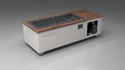 BlueCube C1 cold plunge tub white with walnut deck with carbon fiber tub left front view [bc color=white screen=frame deck=walnut tub=carbon-fiber view=fl]