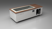 BlueCube C1 cold plunge tub white with walnut deck with hempcarbon tub left front view [bc color=white screen=frame deck=walnut tub=hempcarbon view=fl]