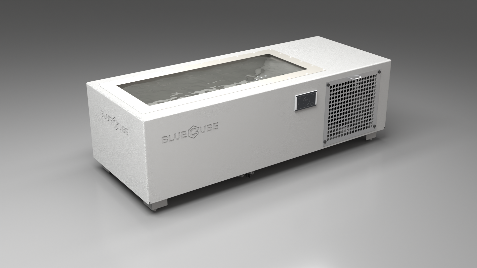 BlueCube C1 cold plunge tub white with perforated screens with gel coated tub left front view [bc color=white screen=screen deck=none tub=gel-coated view=fl]