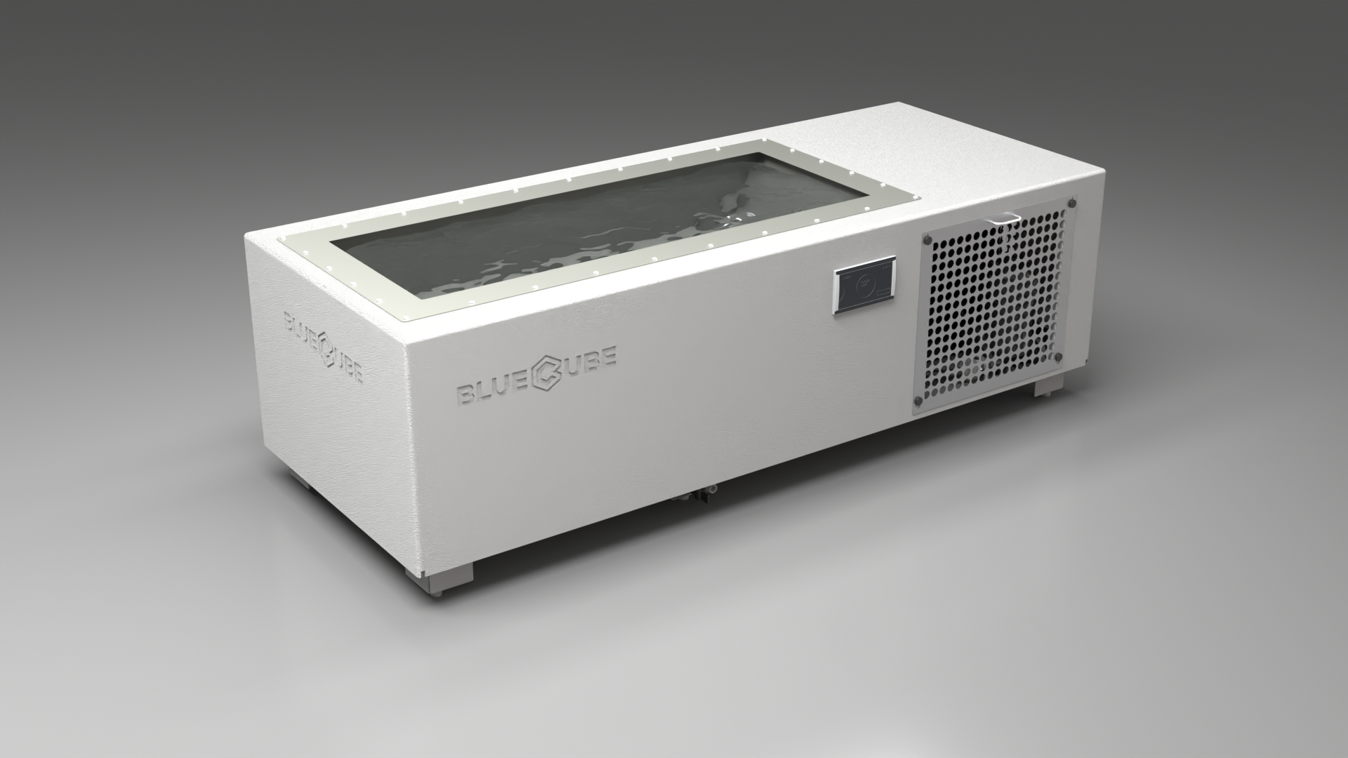 BlueCube C1 cold plunge tub white with perforated screens with hempcarbon tub left front view [bc color=white screen=screen deck=none tub=hempcarbon view=fl]