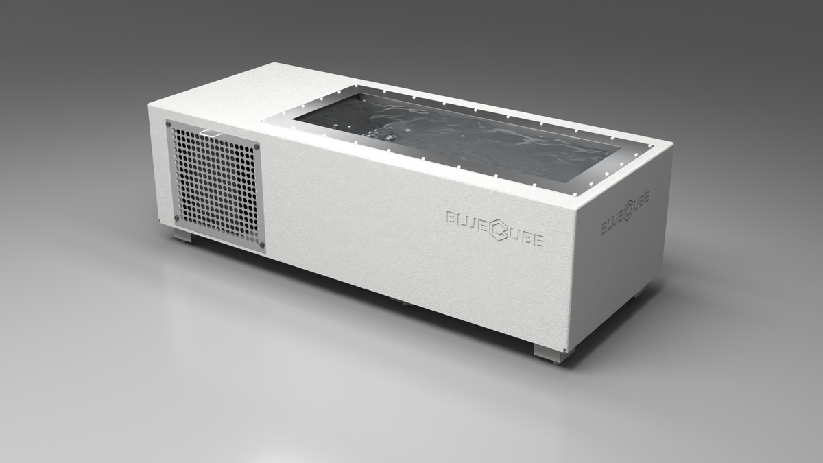 BlueCube C1 cold plunge tub white with perforated screens left back view [bc color=white screen=screen deck=none tub=stainless view=bl]