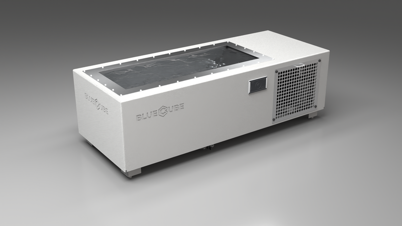 BlueCube C1 cold plunge tub white with perforated screens left front view [bc color=white screen=screen deck=none tub=stainless view=fl]