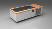 BlueCube C1 cold plunge tub white with perforated screens with mahogany deck with carbon fiber tub left front view [bc color=white screen=screen deck=mahogany tub=carbon-fiber view=fl]