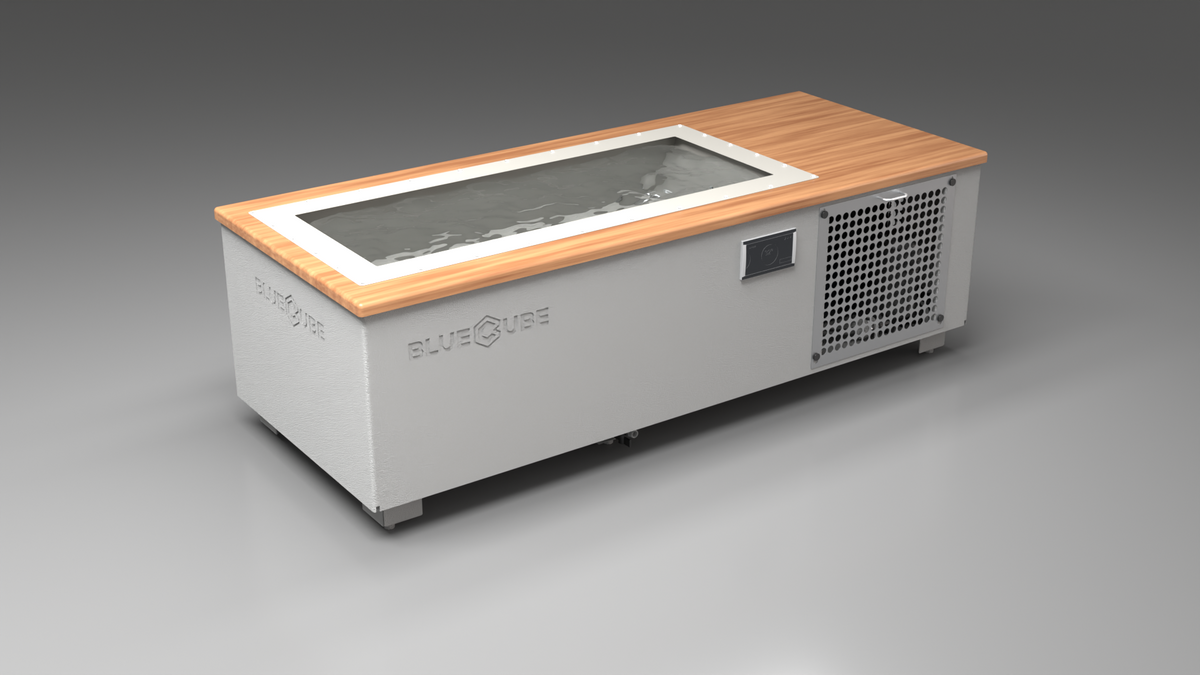 BlueCube C1 cold plunge tub white with perforated screens with mahogany deck with gel coated tub left front view [bc color=white screen=screen deck=mahogany tub=gel-coated view=fl]