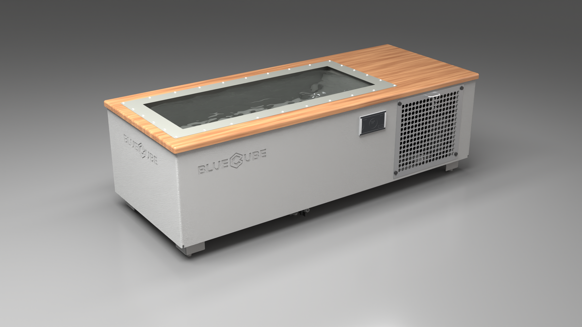 BlueCube C1 cold plunge tub white with perforated screens with mahogany deck with hempcarbon tub left front view [bc color=white screen=screen deck=mahogany tub=hempcarbon view=fl]