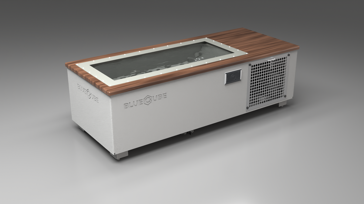 BlueCube C1 cold plunge tub white with perforated screens with walnut deck with hempcarbon tub left front view [bc color=white screen=screen deck=walnut tub=hempcarbon view=fl]