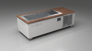 BlueCube C1 cold plunge tub white with perforated screens with walnut deck left front view [bc color=white screen=screen deck=walnut tub=stainless view=fl]