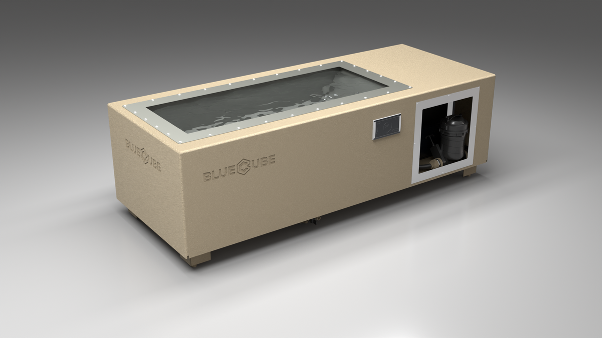 BlueCube C2 cold plunge tub beige with hempcarbon tub left front view [bc color=beige screen=frame deck=none tub=hempcarbon view=fl]