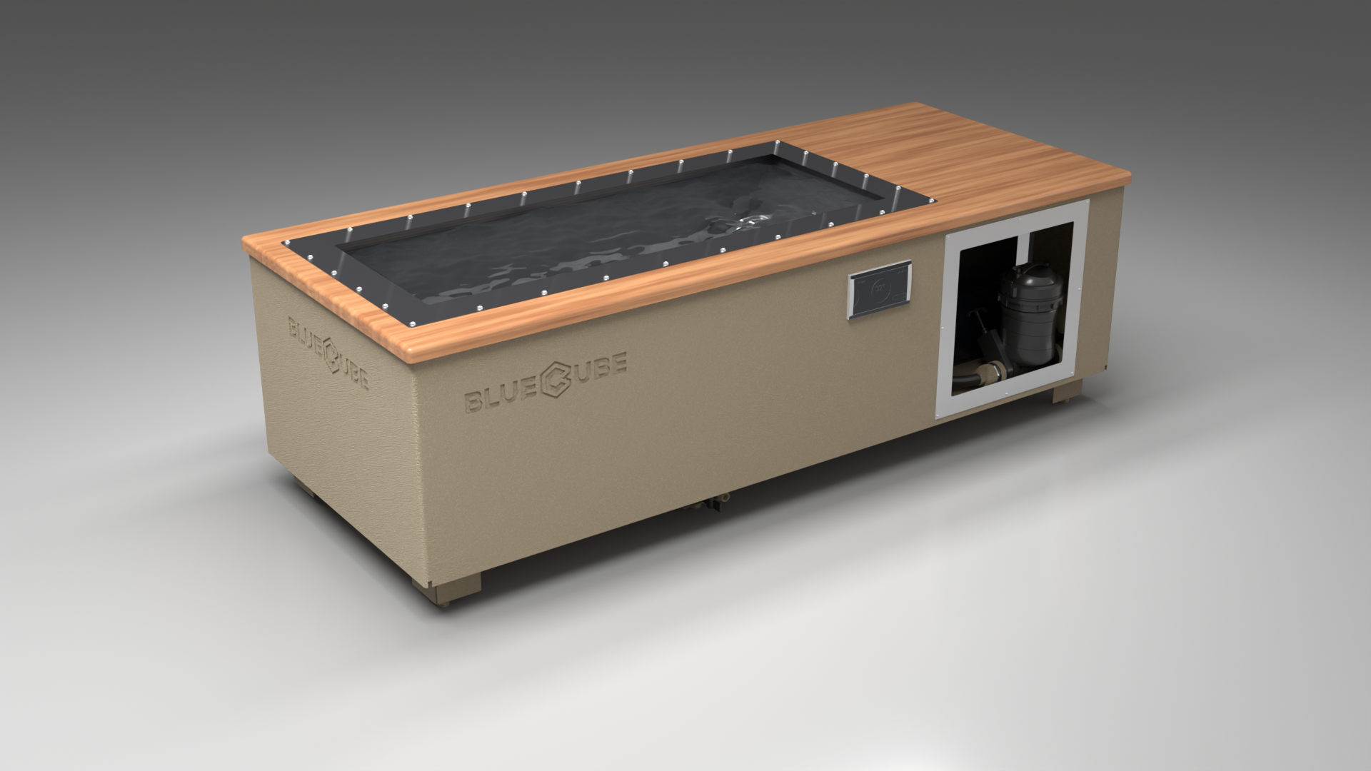 BlueCube C2 cold plunge tub beige with mahogany deck with carbon fiber tub left front view [bc color=beige screen=frame deck=mahogany tub=carbon-fiber view=fl]