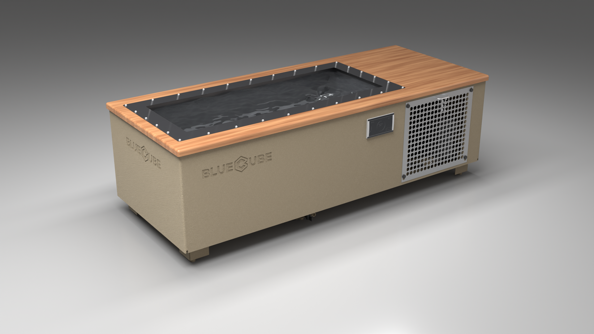 BlueCube C2 cold plunge tub beige with perforated screens with mahogany deck with carbon fiber tub left front view [bc color=beige screen=screen deck=mahogany tub=carbon-fiber view=fl]