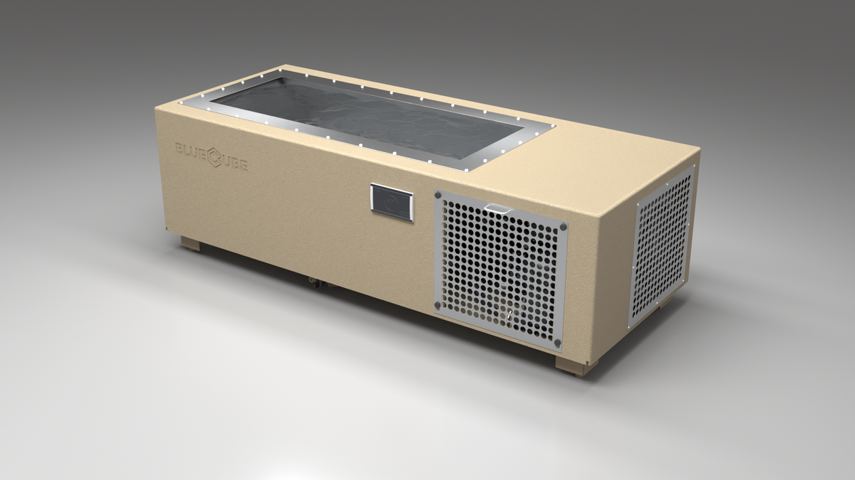 BlueCube C2 cold plunge tub beige with perforated screens right front view [bc color=beige screen=screen deck=none tub=stainless view=fr]