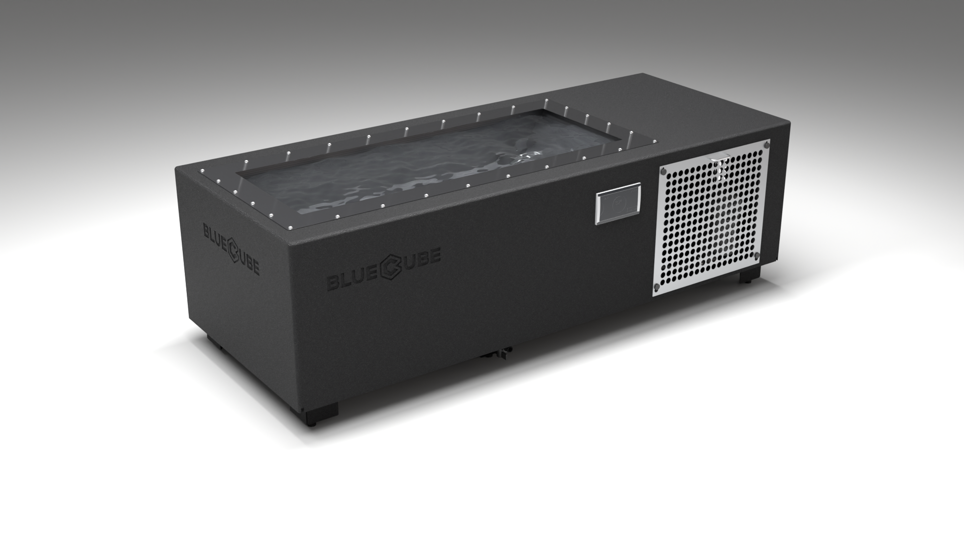 BlueCube C2 cold plunge tub black with perforated screens with carbon fiber tub left front view [bc color=black screen=screen deck=none tub=carbon-fiber view=fl]