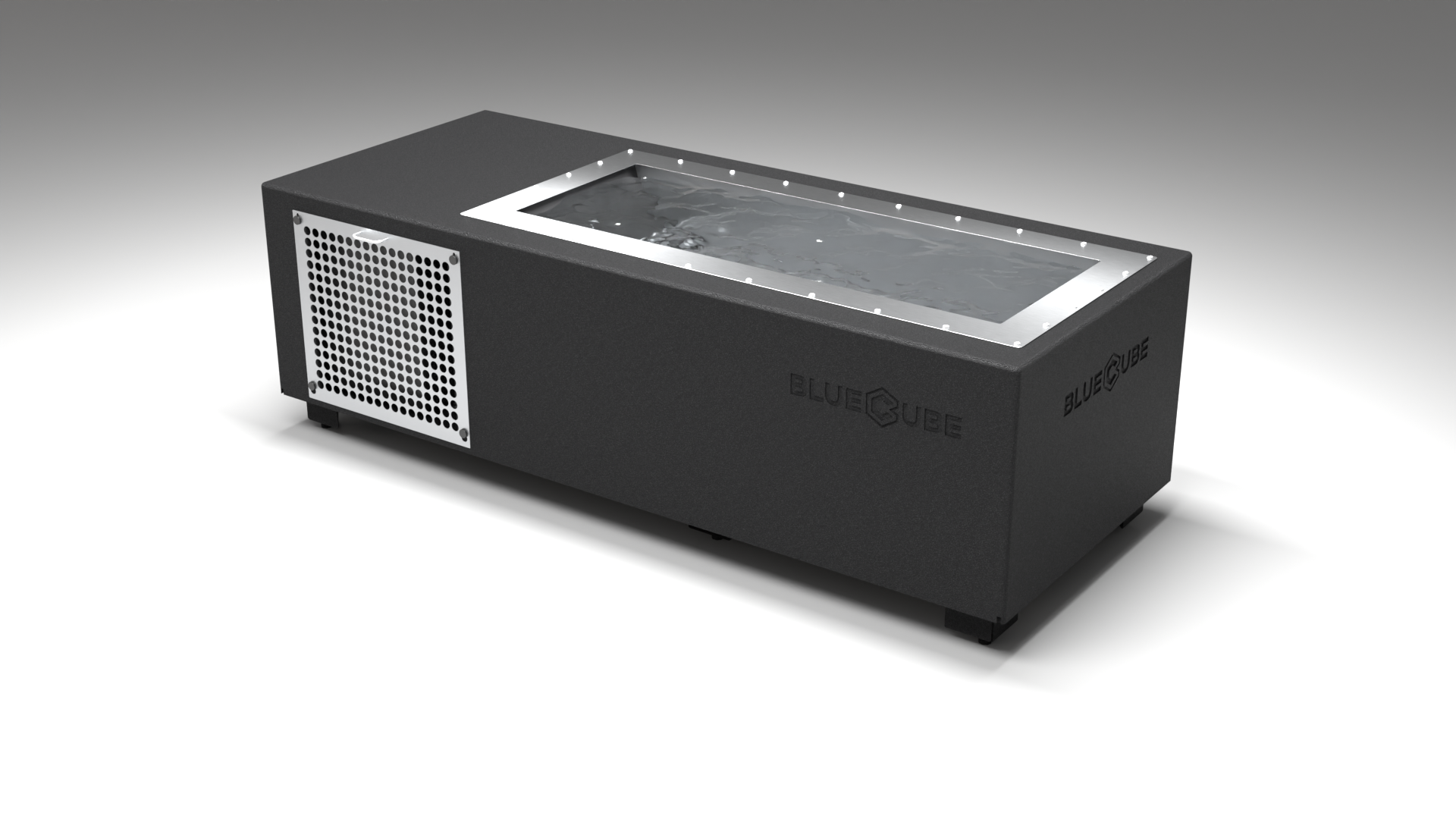 BlueCube C2 cold plunge tub black with perforated screens left back view [bc color=black screen=screen deck=none tub=stainless view=bl]