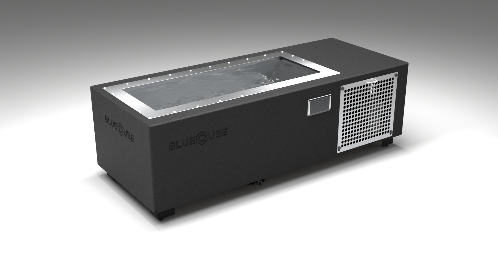 BlueCube C2 cold plunge tub black with perforated screens left front view [bc color=black screen=screen deck=none tub=stainless view=fl]