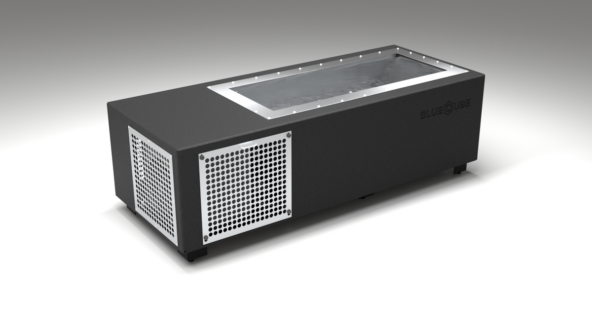 BlueCube C2 cold plunge tub black with perforated screens right back view [bc color=black screen=screen deck=none tub=stainless view=br]