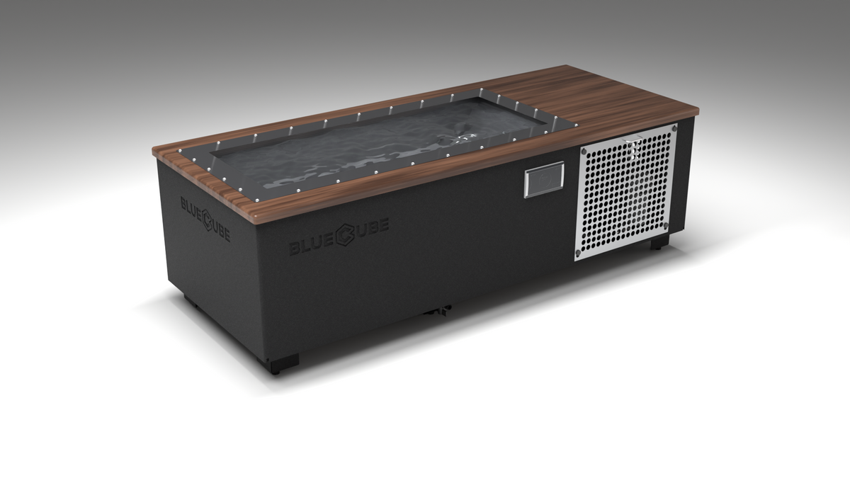 BlueCube C2 cold plunge tub black with perforated screens with walnut deck with carbon fiber tub left front view [bc color=black screen=screen deck=walnut tub=carbon-fiber view=fl]