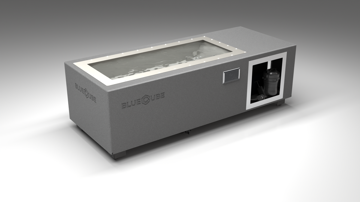 BlueCube C2 cold plunge tub grey with gel coated tub left front view [bc color=grey screen=frame deck=none tub=gel-coated view=fl]