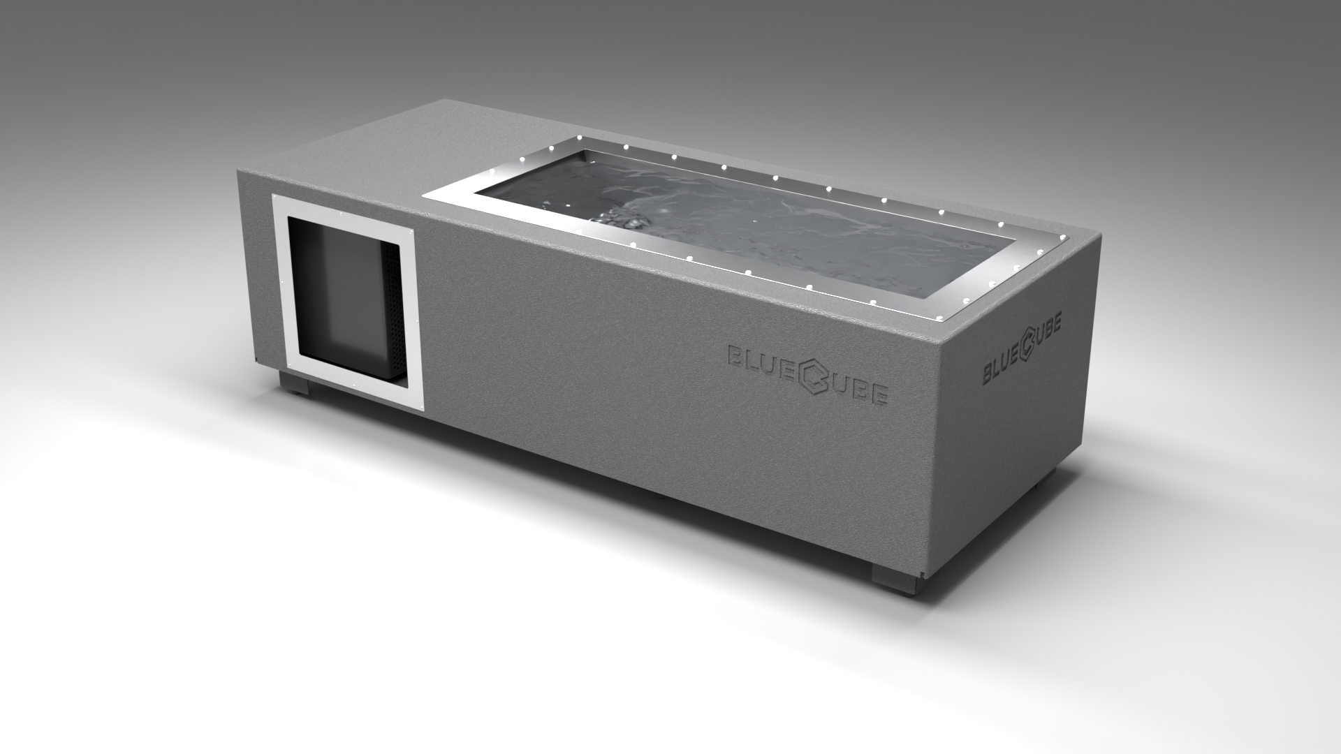 BlueCube C2 cold plunge tub grey left back view [bc color=grey screen=frame deck=none tub=stainless view=bl]